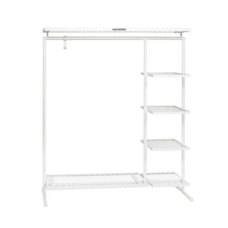 Coat rack 3.1 Mesh made of steel tube and mesh. Features a clothes rail with storage shelves in pure white.
