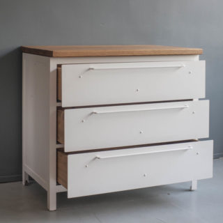 Drawer cabinet B made of steel and wood. In natural steel or pure white.