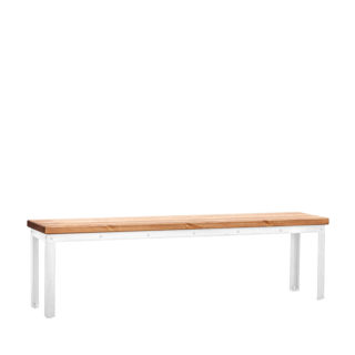 Bench PX made of angle steel with rivets and a seat made of pine wood in pure white