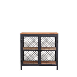 Multi Sideboard im Industry-Style. Compact two-door sideboard with a body of wire mesh and shelves made of wood.