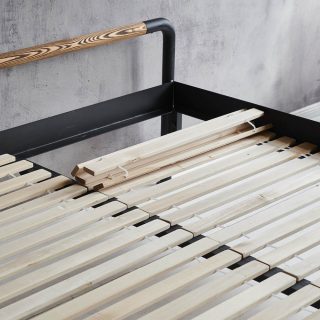 Solid wood slatted frame and steel and wood Baseline bed from Noodles Noodles & Noodles Corp.